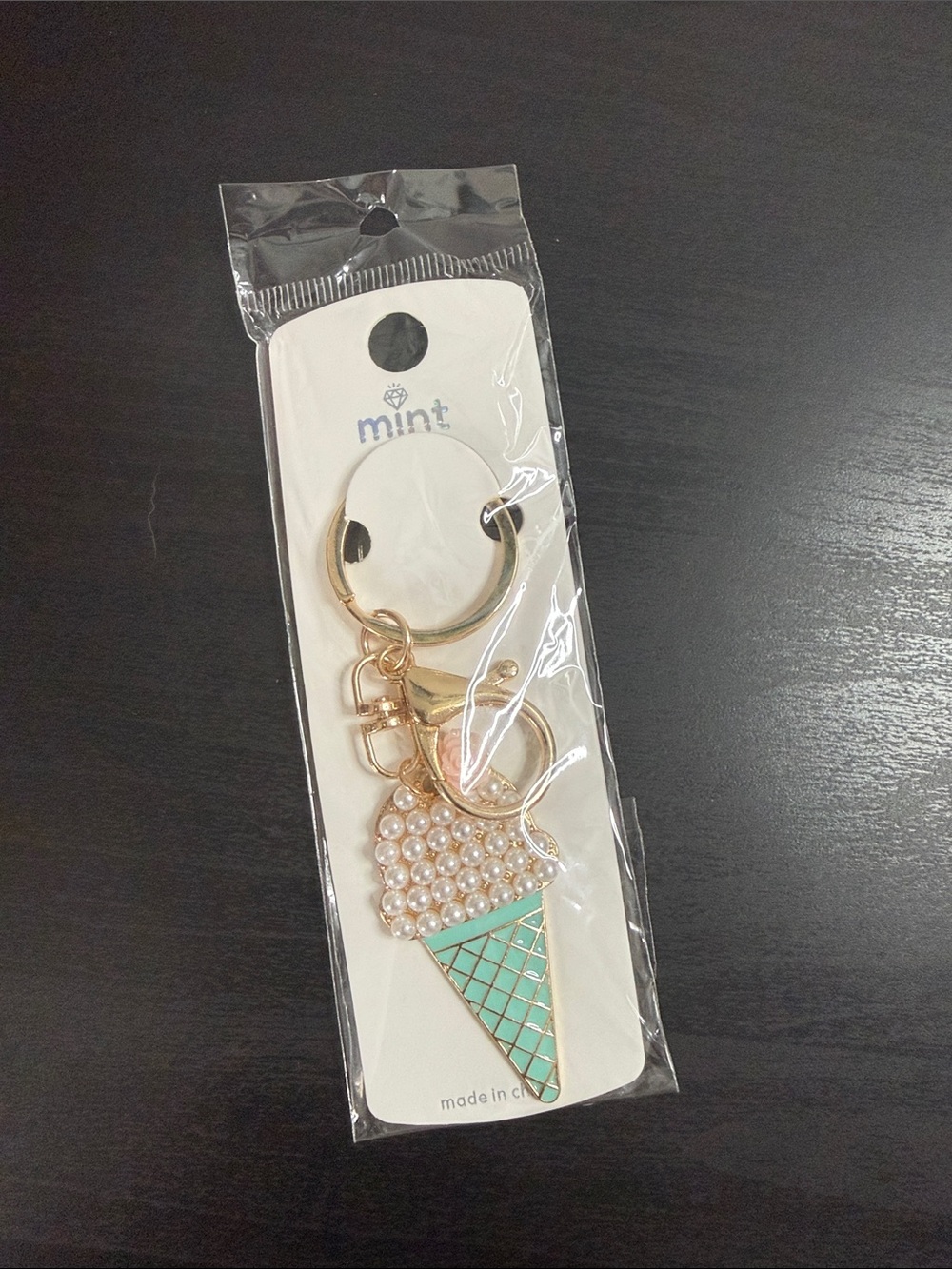 Mint Gold & Mint Enamel Pearl Ice Cream Cone Keychain